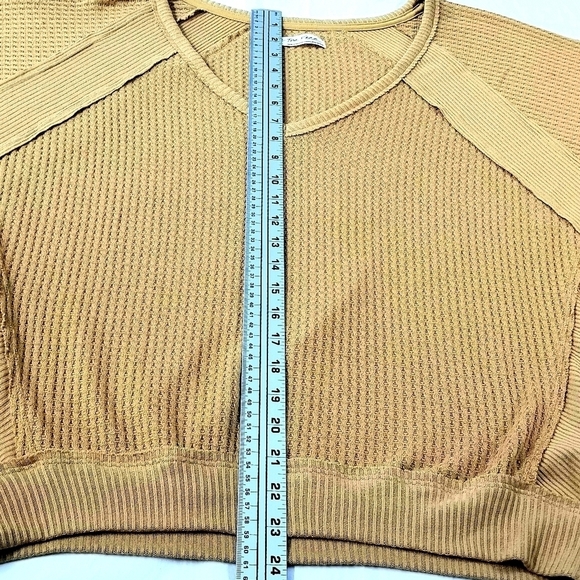 We the Free Yellow Mustard Loose Fit Deep V-neck Waffle Knit Longsleeve Top, S - Picture 6 of 10